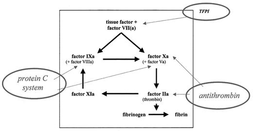 Figure 2. Point of impact of the three major physiological anticoagulant pathways. / Antithrombin is the most important inhibitor of thrombin and factor Xa, activated protein C is able to degrade the essential cofactors Va and VIIIa, and tissue factor pathway inhibitor (TFPI) inhibits the tissue factor/factor VIIa complex.