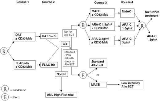 Figure 5. AML 15 protocol flowchart. / Abbreviations: AML, acute myeloid leukemia; DAT, daunorubicin, cytarabine, thioguanine; CR, complete remission; Mab, monoclonal antibody; FLAG, fludarabine, cytarabine; Ida, Idarubicin; allo SCT, allogenic stem cell transplantation; ARA-C, cytarabine.