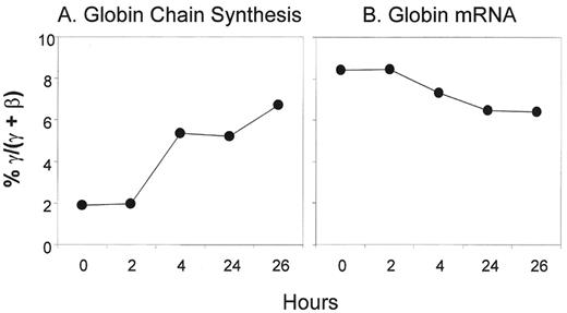 Figure 1. The rapid reticulocyte γ-globin response: kinetics in a representative butyrate responsive sickle cell disease patient. / A: γ-globin chain synthesis; B: γ-globin mRNA.