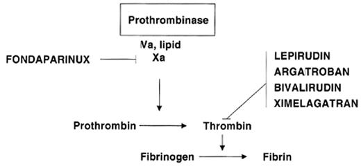 Figure 1. Sites of action of new anticoagulants that inhibit specific single enzymes in the coagulation system rather than acting at multiple sites as do heparin, low-molecular-weight heparin and warfarin.