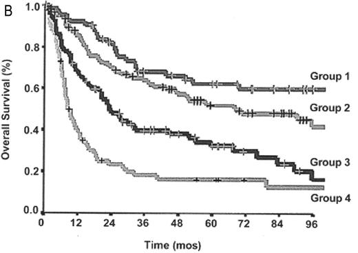 Figure 3. A: Overall survival of peripheral T-cell lymphoma, unspecified (PTCLUS) according to the International Prognostic Index; B: Overall survival of PTCLUS according to proposed new prognostic index (age > 60, performance status > 2, elevated LDH, bone marrow involvement). . / Low risk: 0, 1, 5 y OS 59%; low-intermediate risk: 2, 5 y OS 46%; high-intermediate risk: 3, 5 y OS 40%; high-risk: 18%; P < .0001. Group 1: 0 factors, 5 y OS 62%; group 2: 1 factor, 5 y OS 53%; group 3: 2 factors, 5 y OS 33%; group 4: 3 or 4 factors, 5 y OS 18%; P < .0001. / Abbreviations: LDH, lactate dehydrogenase. / Originally published in Blood. Reprinted from Gallamini A, Stelitano C, Calvi R, et al8 with permission from the American Society of Hematology.