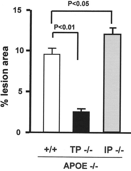 Figure 4. Quantification of atherosclerotic lesions area in aortas of wildtype (+/+), TP deficient (TP−/ −) and IP deficient (IP −/ −) mice on an apoE deficient background at 20 weeks of age. TP deficiency retarded and IP deficiency accelerated atherogenesis, suggesting that these mediators have opposing roles in atherosclerotic lesion development. Data are means ± SEM (n = 5 each). / (Redrawn with permission from Kobayashi T, Tahara Y, Matsumoto M, et al. Roles of thromboxane A2 and prostacyclin in the development of atherosclerosis in apoE-deficient mice. J Clin Invest. 2004;114(6):784–94.)