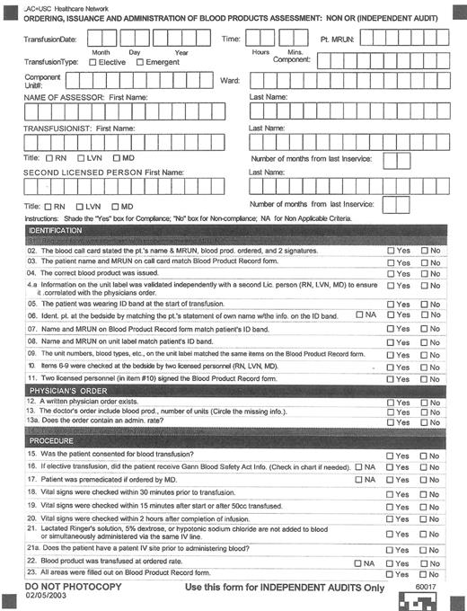 Figure 1. Assessment tool for the transfusion process.* . / * This assessment tool is designed for use outside of the operating rooms.