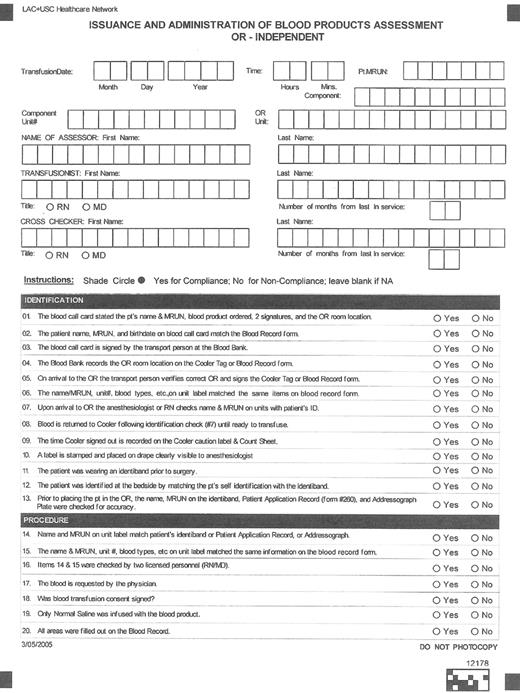 Figure 1. Assessment tool for the transfusion process.* . / * This assessment tool is designed for use outside of the operating rooms.