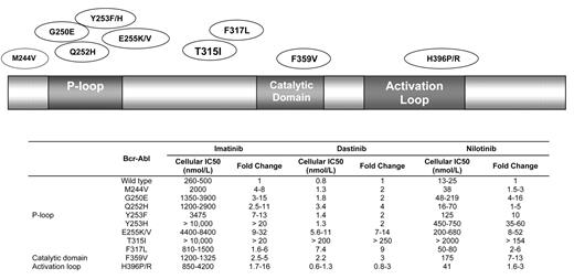 Figure 2. Over 50 ABL kinase domain mutations have been identified with differential potency of the tyrosine kinase inhibitors imatinib, dasatinib and nilotinib.58,59 Selected mutations are depicted. / Abbreviations: IC, inhibitory concentration.