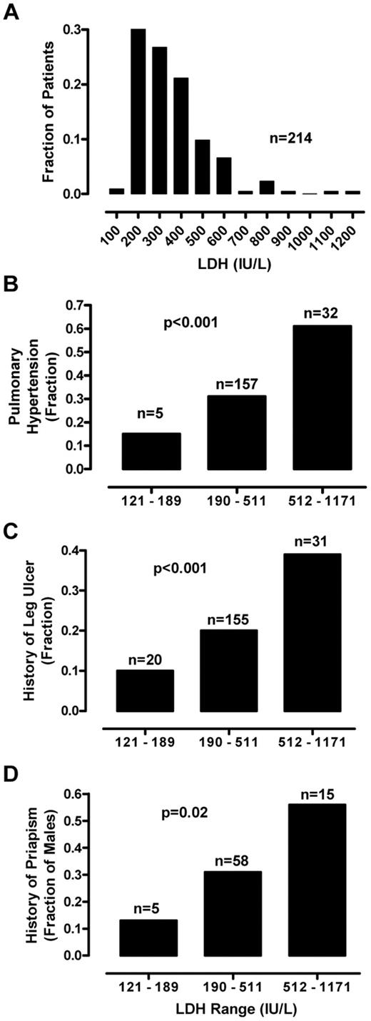 Figure 5. Relationship of serum lactate dehydrogenase (LDH) levels and history of vasculopathic complications. (A) Kato and colleagues reported LDH levels in 213 patients with sickle cell disease. The frequency distribution by LDH level in hundreds is indicated by the vertical bars. For comparison of the prevalence of selected sickle cell complications, data from 213 patients are divided into three groups according to serum LDH levels. The low LDH is defined by LDH levels lower than one standard deviation below the overall mean (range 121–189 IU/L), medium LDH by overall mean LDH level plus or minus one standard deviation (range 190–511 IU/L) and high LDH higher than one standard deviation above the overall mean (range 512–1171 IU/L). The prevalence of pulmonary hypertension (B), leg ulcers (C), and, in males, priapism (D) are also related to LDH group. All statistics are significant by chi square test for trend. The number of patients in each group (n) is indicated above each bar. Adapted with permission from Blood.54