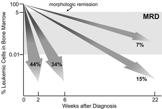 Figure 1. Molecular response to treatment in childhood acute lymphoblastic leukemia (ALL). Shown are percentages of patients enrolled in Total XIII, XIV and XV Studies at St Jude Children’s Research Hospital who were MRD-negative (< 0.01% leukemic cells in bone marrow) at sequential treatment intervals.
