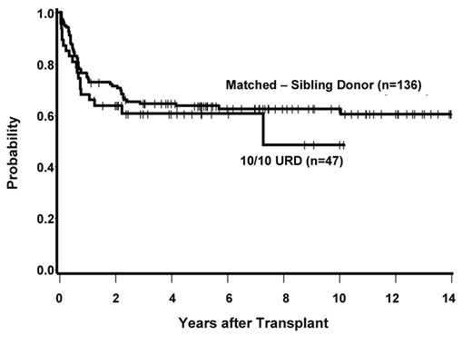 Figure 1. Survival following transplantation for AML in CR1 in 183 patients with either matched sibling donors or matched unrelated donors.7