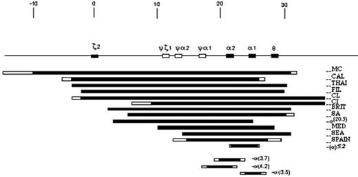Figure 1. Interstitial deletions causing resulting to different α0 thalassemia and α+ thalassemia (modified from Higgs1)