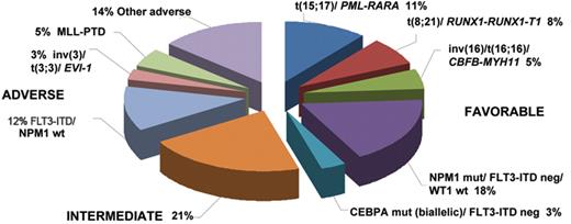 Figure 2. Frequency of prognostically relevant molecular and cytogenetic subgroups of AML arising in younger adults.
 Frequencies of the various entities specified in Table 2 are based on a synthesis of published data 9,16,19–25 and analysis of adults with AML entered into the MRC AML10 and 12 trials.6