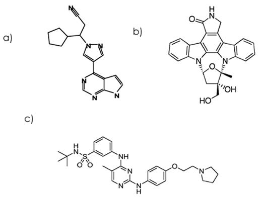 Figure 1. Published chemical structures of JAK2 inhibitors in clinical development: A) INCB018424, B) CEP-701, C) TG101348.