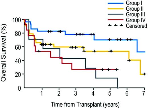 Figure 1. Kaplan-Meier probabilities of survival among patients with advanced CLL who were treated with allo-NMA-HCT as stratified into four risk groups on the basis of consolidated HCT-CI scores and lymph node diameter. Group I included patients who had no comorbidities and who had lymphadenopathy of < 5 cm (n = 28); group II, patients with comorbidities only (n = 34); group III, patients with lymphadenopathy of ≥ 5 cm only (n = 7); and group IV, patients with both comorbidities and lymphadenopathy of ≥ 5 cm (n = 13). Five-year survival rates were 78%, 60%, 43%, 27% for risk groups I, II, III, and IV, respectively. (From Sorror et al., 2008.43 Reprinted with permission. ©2008 American Society of Clinical Oncology. All rights reserved.)