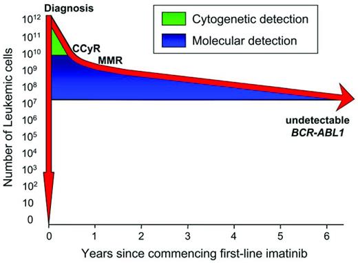 Figure 1. Molecular monitoring can detect residual disease during many years of imatinib therapy. There are an estimated 1012 leukemic cells present at diagnosis of CML. The Philadelphia chromosome remains detectable by cytogenetic analysis until the leukemic cells decline by approximately 2 logs, which occurs at an estimated median of 6 months of imatinib. Therefore, the Philadelphia chromosome may never be detectable beyond 6 months in a substantial number of patients. However, we have found that BCR-ABL1 transcripts remain detectable in approximately half of the patients for 6 years and molecular monitoring continues to track the leukemic cell decline. The limit of detection of BCR-ABL1 by RQ-PCR is reached when the leukemic cells decline approximately 4.5-5 logs.