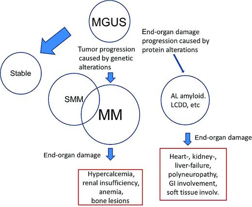 Figure 1. Conditions associated with an M-protein. Although MGUS is a premalignant condition, approximately 40% of all MGUS patients are considered low-risk MGUS and have a lifetime risk of progression of only 2%.32 Acquisition of somatic genetic abnormalities in the tumor cells and changes in the BM microenvironment may lead to progression to SMM and MM. SMM includes patients with premalignancy and patients with early asymptomatic malignancy. The clone may produce a protein with altered conformation, which may aggregate improperly, causing progressive organ dysfunction. These conditions include AL amyloidosis, LCDD, and type I cryoglobulinemia. Other conditions, such as type II cryoglobulinemia, chronic cold agglutinin disease, and autoimmune neuropathies, are caused by the autoantibody activity of the M-protein, which in most cases is an IgM. Finally, other rare diseases are associated with monoclonal gammopathies, but their pathogenesis is still unclear. This is the case for POEMS syndrome, scleromyxedema, and Schnitzler syndrome.