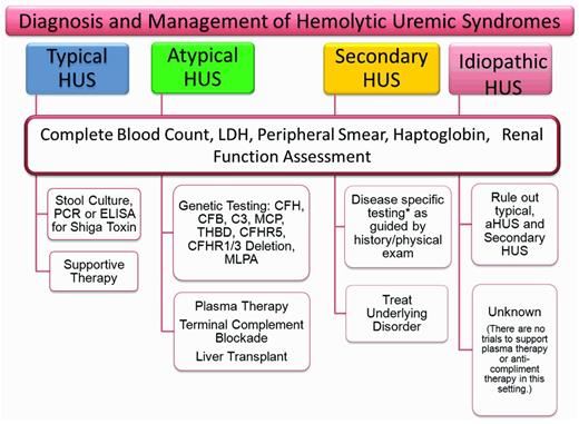Figure 4. Assessment of HUS. Because there are no specific acute markers that distinguish aHUS from the other TMAs, a screening and treatment strategy for HUS will depend on the clinical presentation and the presumed diagnosis. In the absence of an easily identifiable cause of the TMA, a broader range of laboratory tests will be required to formulate a likely diagnosis. The other laboratory tests to consider when assessing patients with TMA are: ADAMTS13, C3, C4, CFH serology, CFI serology, methylmalonic acid (urine and plasma), homocystine, HIV, ANA, lupus anticoagulant, antiphospholipid antibody, and direct antiglobulin. In addition, very young patients should be evaluated for streptococcal infection as a possible cause of their HUS. Genetic testing should be done early in suspected cases of aHUS; however, treatment should not be delayed pending results.