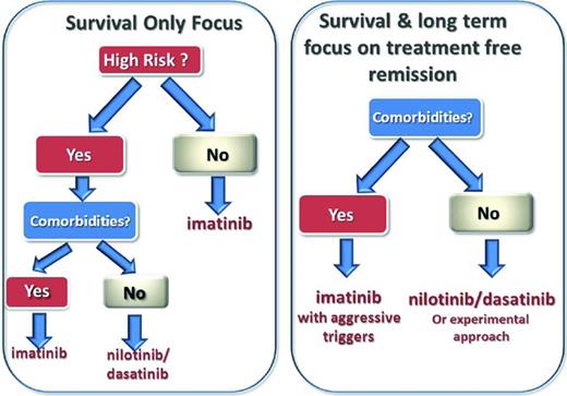 Figure 1. Proposed schema for individualizing therapy based on comorbidities, goals of therapy, and disease risk profile. For aggressive triggers, there should be a switch to more potent TKI (>10% at 3 months or >0.1% at 12 months).