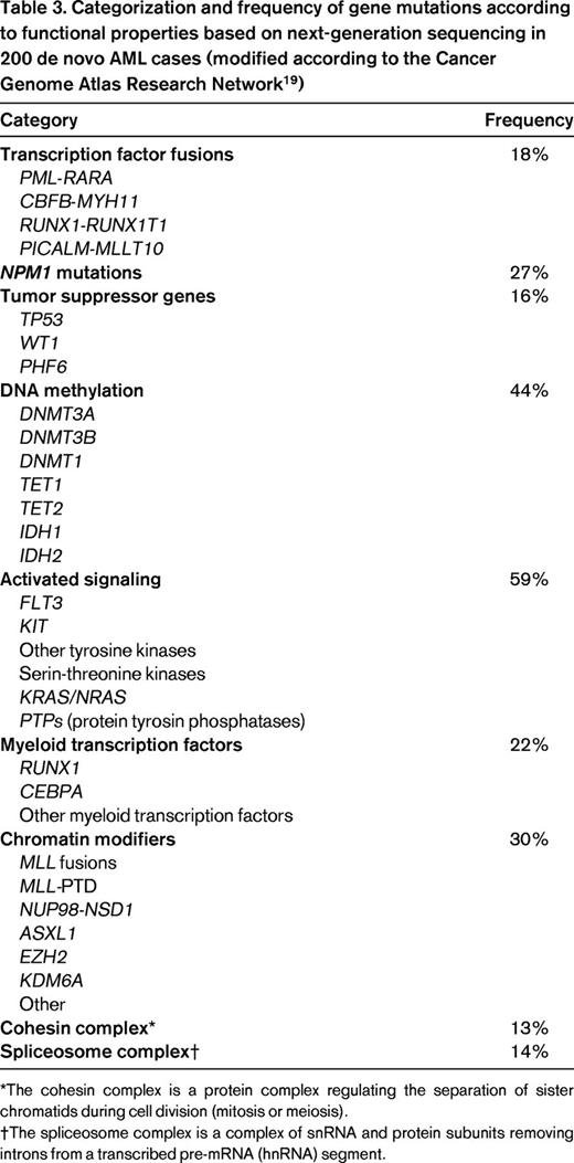 Categorization and frequency of gene mutations according to functional properties based on next-generation sequencing in 200 de novo AML cases (modified according to the Cancer Genome Atlas Research Network19)