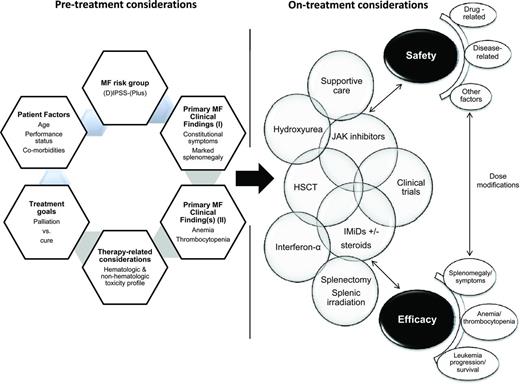 Figure 1. Pre- and on-treatment considerations with use of JAK inhibitors in MF.