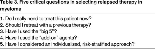 Five critical questions in selecting relapsed therapy in myeloma