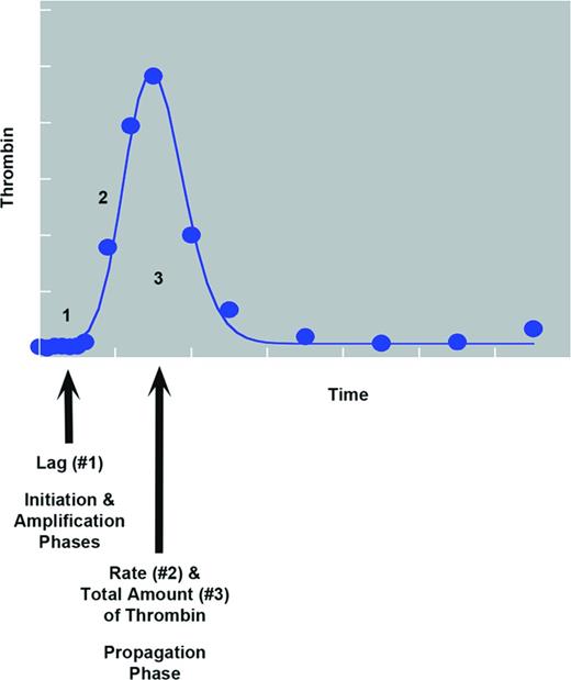 Figure 4. Stylized curve of thrombin generation during hemostatic coagulation. The lag before the onset of measurable thrombin generation corresponds to the initiation and amplification phases. During this period, a small amount of thrombin is produced, which participates in feedback amplification of the procoagulant signal. The large burst of thrombin generation that takes place on platelet surfaces during the propagation phase is responsible for the peak of measurable thrombin activity. Both the rate of thrombin generation (#2) and the total amount of thrombin activity (#3) play important roles in determining clot structure and stability.