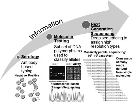Figure 3. Schematic of blood type testing technologies. Illustrated are the progression of increasing information obtained from different blood type testing technologies: serology (left) provides data limited to the targets of the antibody, and molecular testing (middle) provides information on select genetic variants or small genetic regions and can include RFLPs, SSPs, SNPs, and Sanger sequencing. NGS (right) can capture sequence variation at all blood group gene loci at once. Adapted from Johnsen et al39 and Singleton et al.42