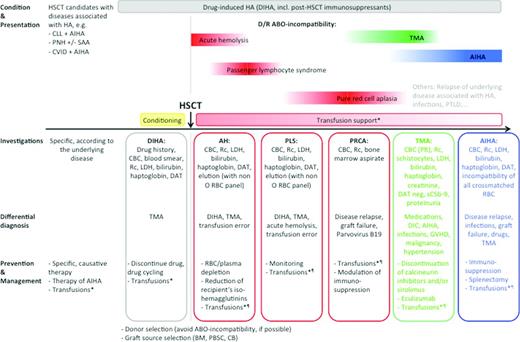 Figure 1. Hemolytic anemia conditions encountered before, during and after hematopoietic stem cell transplantation (HSCT). *All RBC concentrates should be γ-irradiated (25-30 Gy) and leukocyte reduced. Consider HLA-alloimmunization. ¶See Table 3. AH indicates acute hemolysis; AIHA, autoimmune hemolytic anemia; BM, bone marrow; CB, cord blood; CBC, complete blood count; CLL, chronic lymphocytic leukemia; CVID, common variable immunodeficiency; D, donor; DAT, direct antiglobulin test; DIC, diffuse intravascular coagulation; DIHA, drug-induced HA; LDH, lactate dehydrogenase; PBSC, periphereal blood stem cells; PLS, passenger lymphocyte syndrome; Plt, platelets; PNH, paroxysmal nocturnal hemoglobinuria; PRCA, pure red cell aplasia; PTLD, post-transplant lymphoproliferative disease; R, recipient; Rc, reticulocytes; SAA, severe aplastic anemia; and TMA, thrombotic microangiopathy.
