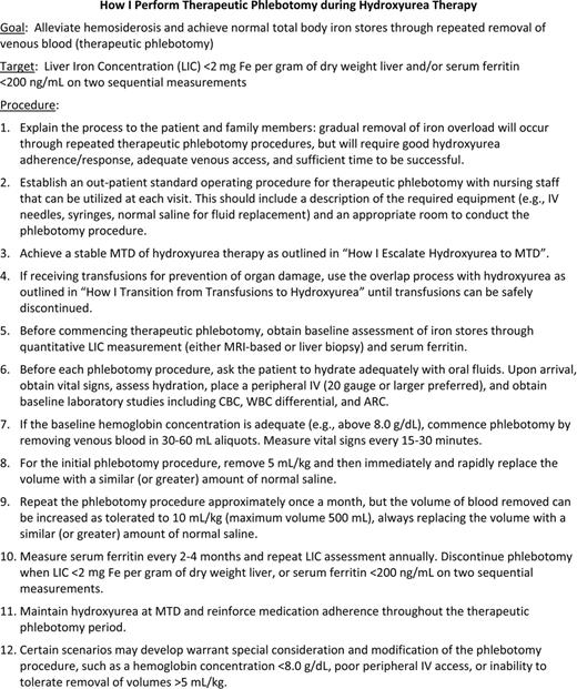 Figure 3. How I perform therapeutic phlebotomy during hydroxyurea therapy.