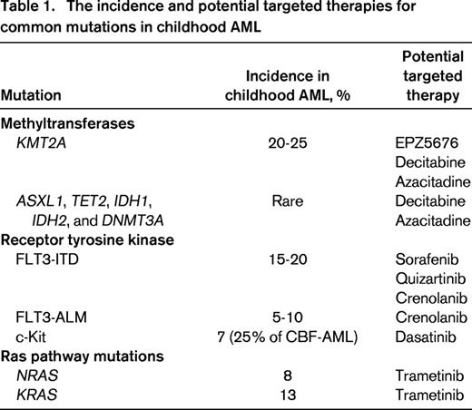 The incidence and potential targeted therapies for common mutations in childhood AML