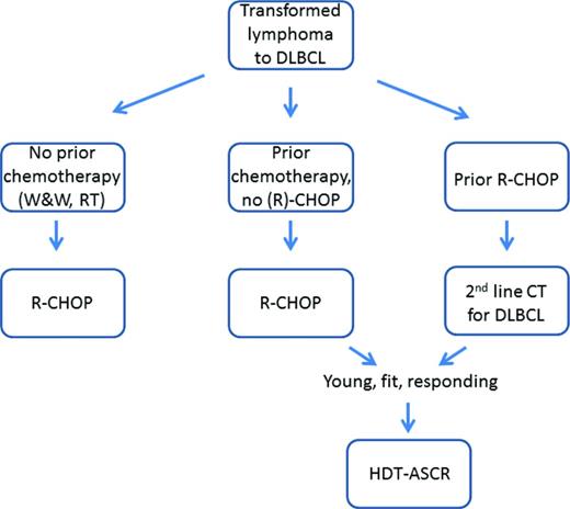 Figure 1. How I treat patients with transformed lymphoma: proposed treatment algorithm. W&W indicates watch and wait; RT, radiotherapy; and CT, chemotherapy.