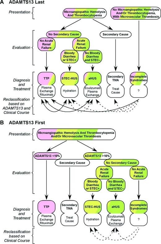 Figure 2. Diagnosing TTP. (A) Without immediate access to ADAMTS13 data, other criteria must be used to diagnose patients with microangiopathic hemolysis and thrombocytopenia who may have TTP (pink), STEC–HUS (yellow), aHUS (green), or secondary thrombotic microangiopathy (TMA; white). This approach misclassifies some patients. In addition, a few patients without microangiopathic hemolysis or thrombocytopenia will not be recognized promptly. Some of these errors can be corrected when ADAMTS13 results become available (solid arrows), and others become evident from the clinical course (dotted arrows). (B) Immediate access to ADAMTS13 data prevents the misclassification of patients with TTP, after excluding rare secondary causes of ADAMTS13 deficiency, such as liver failure. In addition, immediate testing facilitates the identification of patients with atypical presentations of ADAMTS13 deficiency, including the absence of microangiopathic hemolysis or thrombocytopenia.