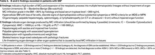 B and C findings recorded in patients with SM*