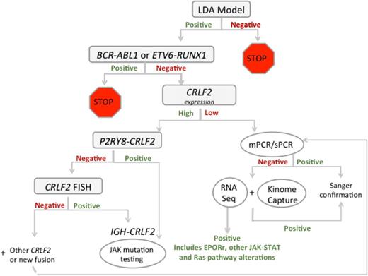 Figure 3. Testing algorithm for Ph-like ALL in COG trials. COG, Children’s Oncology Group; LDA, low-density array; mPCR, multiplex polymerase chain reaction; sPCR, singleplex polymerase chain reaction. Courtesy of Shalini Reshmi, Cytogenetics/Molecular Genetics Laboratory, National Children’s Hospital, Columbus, OH.