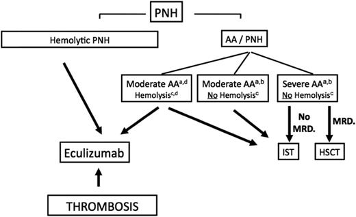 Figure 2. Algorithm to manage patients with PNH. (a) Indications for treatment are severe AA (2 in 3 blood counts, including absolute neutrophil count <500/μL, absolute reticulocyte count <60 000/μL, and platelet count <20 000/μL) or in cases of moderate AA, where the patient needs transfusion support or has infectious complications because of a low neutrophil count. (b) The presence of a PNH clone in this setting highlights the underlying autoimmune-mediated process in favor of an idiopathic AA and not an inherited disorder, and should also make physicians think about thrombosis upon suggestive clinical signs, because PNH is a known predisposition to thrombosis complications. Clearly, complement inhibitory therapy has no effect on the BM-failure component of the disease and should not be used in this situation. (c) The level of hemolysis is indicated by lactate dehydrogenase (LDH). Significant hemolysis is considered >2 times LDH. (d) Exceptional cases of AA-PNH syndrome with significant intravascular hemolysis may require HSCT or IST treatment of BM failure and eculizumab for the hemolysis, and should be discussed on a case-by-case basis. AA, aplastic anemia; ATG, antithymocyte globulin; HSCT, hematopoietic stem cell transplantation; IST, immunosuppressive therapy; MRD, matched related donor; PNH, paroxysmal nocturnal hemoglobinuria.