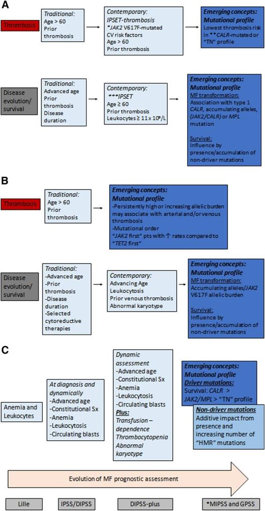 Figure 2. (A) Evolution in prognostic assessment: ET. Constructed prior to CALR discovery (*). CALR co-segregates with younger age and absent thrombosis risk, and therefore, does not modify IPSET score (**). Unable to predict MF or AML risk (***). (B) Evolution in prognostic assessment: PV. (C) Evolution in prognostic assessment: MF. The latest proposed MF scoring systems incorporate molecular and genetic information in the assessment (*). The GPSS identified very high (3 points) and high-risk karyotypes (2 points), TN status (2 points), JAK2/MPL-mutated (2 points), type-2/type-2–like CALR-mutated (2 points), ASXL1-mutated (1 point), and SRSF2-mutated (1 point), as independent predictors of shortened survival; these variables were included in this score, along with age >60 years.57 Another system, the Mutation-enhanced IPSS (MIPSS), analyzed 986 PMF patients, identifying age >60, constitutional symptoms, Hb <10 g/dL, platelets <200 × 109/L, TN status (1.5 points), JAK2-mutated or MPL-mutated (0.5 points), ASXL1-mutated (0.5 points), and SRSF2-mutated (0.5 points) status as significant, adverse indicators.58 CV, cardiovascular; DIPSS, dynamic IPSS; GPSS, genetics-based Prognostic Scoring System; pts, patients.
