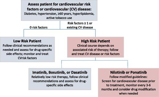 Figure 1. Algorithm for determining the clinical management of low- and high-risk patients with CML treated with TKIs.