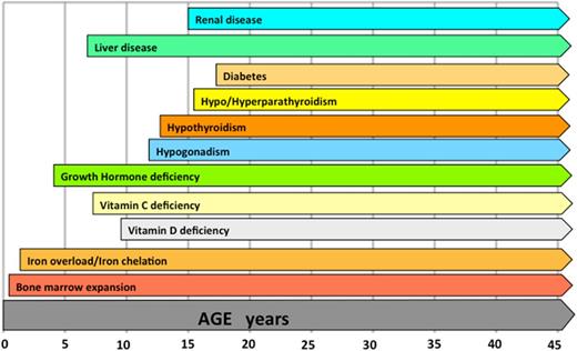 Figure 1. Approximate timeline of the occurrence of complications or conditions relevant for bone disease if the treatment of thalassemia is not optimal.