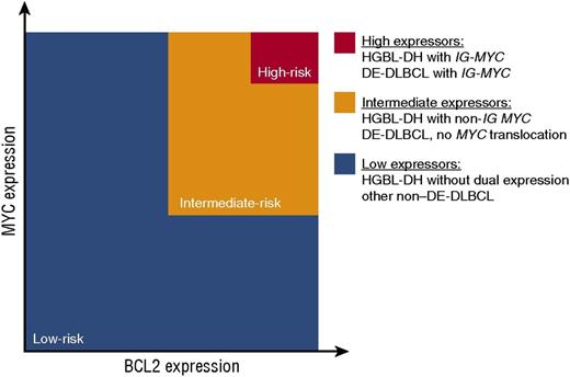 Figure 3. Model assessing clinical risk according to MYC and BCL2 Status in DLBCL. The risk of treatment failure is proportional to the degree of MYC and BCL2 expression. The 5% of patients with the poorest outcome are shown in red and have the highest level of MYC and BCL expression as a result of translocation immunoglobulin loci. Reprinted from Sesques and Johnson75 with permission.