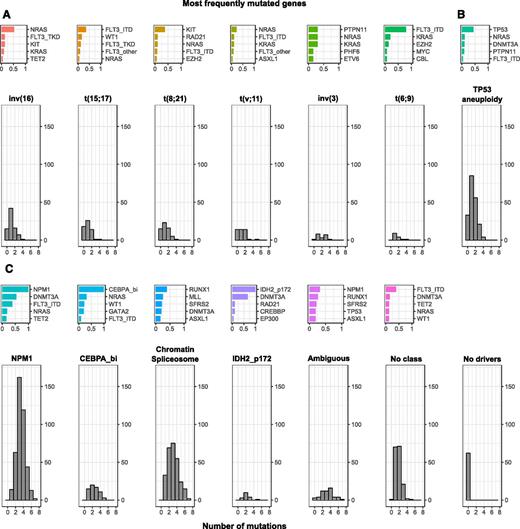 Figure 2. Distribution of number of acquired mutations according to AML class and most frequently co-mutated genes. Data shown for (A) AML with fusion genes, (B) AML with aneuploidies, and (C) AML with gene mutations.