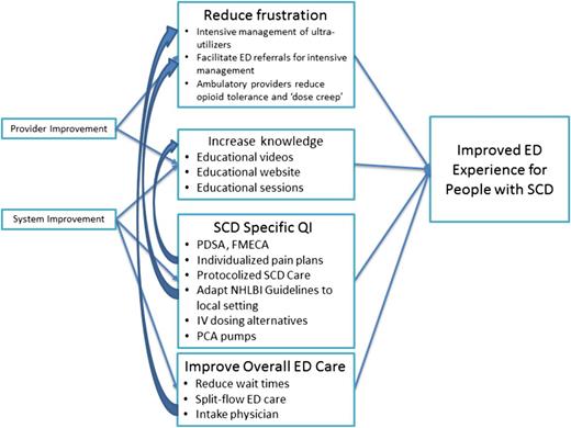 Figure 1. Elements of improving ED experience for people with SCD pain. SCD-specific quality improvement (QI) and general ED systems improvement can work to increase provider knowledge and decrease provider frustration, which ultimately lead to better patient-centered ED outcomes for acute SCD pain. FMECA, Failure Mode, Effects and Criticality Analysis; PDSA, plan-do-study-act.