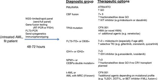 Figure 1. The flow diagram shows how integration of molecular diagnostics and NGS potentially can rapidly segregate patients into groups for whom particular and increasingly targeted therapies have shown benefit or are currently being tested. ATRA, all-trans retinoic acid; ATO, arsenic trioxide; CBF, core-binding factor; FISH, fluorescent in situ hybridization; GO, gemtuzumab ozogamicin; HMA, hypomethylating agent; MRC, myelodysplasia-related change; RT-PCR, reverse transcriptase-polymerase chain reaction; t-AML, therapy-related AML; 713, cytarabine by continuous infusion (7 doses) plus anthracycline (3 doses).