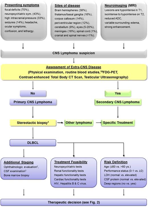 Figure 1. Flowchart of management of HIV-negative patients with brain masses suspected for lymphoma from presentation to therapeutic decision in ordinary clinical practice. 1Despite a strong suspicion of PCNSL, some patients suffering from large space-occupying lesions with acute symptoms of brain herniation could be eligible for surgical resection to reduce rapidly increased intracranial pressure; biopsy of extra-CNS organs is usually prefered in patients with positive staging as this procedure is associated with lower risk of severe complications. 2Ocular examination should include slit-lamp examination, indirect ophthalmoscopy, and ophthalmic ultrasonography. 3CSF evaluation should include cell counts, protein and glucose levels, cytology, and flow cytometry. IgHV gene rearrangement studies are optional. ADC, average diffusion coefficient; CT, computed tomography; Deep regions, basal ganglia, corpus callosum, periventricular areas, brain stem, and/or cerebellum; DLBCL, diffuse large B-cell lymphoma; 18FDG, 18F-fluorodeoxyglucose; IgHV, immunoglobulin heavy chain variable region; LDH, lactate dehydrogenase serum level; MRI, magnetic resonance imaging; sym., symptoms.