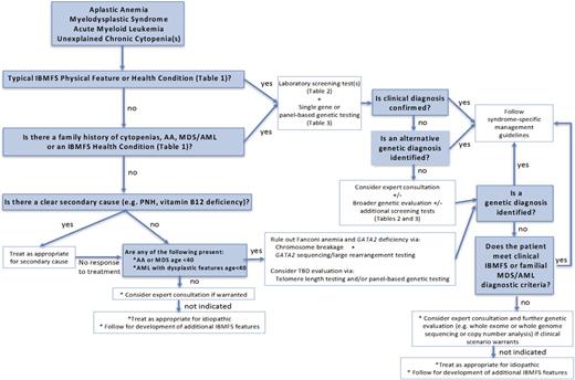 Figure 1. An approach to evaluating patients presenting with AA, MDS, AML, or unexplained chronic cytopenias for the presence of an IBMFS.