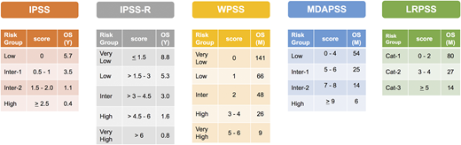 Figure 3. Risk stratification, scores, and median OS by each model. Cat, category; Inter, intermediate; M, month; Y, year.