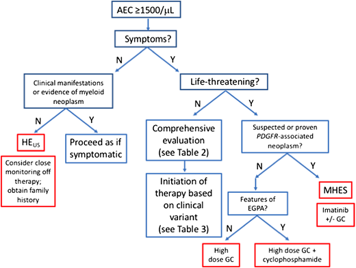 Figure 1. Initial approach to the treatment of a patient presenting with hypereosinophilia. GC, glucocorticoid; HEUS, hypereosinophilia of unknown significance; N, no; Y, yes.