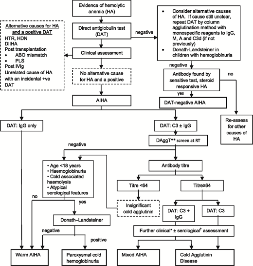 Figure 2. Diagnostic pathway for AIHA. DAggT, direct agglutination test; DIIHA, drug-induced immune hemolytic anemia; HA, hemolytic anemia; HDN, hemolytic disease of the newborn; HTR, hemolytic transfusion reaction; PLS, passenger lymphocyte syndrome; RT, room temperature. *The final diagnosis of CHAD or mixed AIHA is based on the overall clinical picture, including supportive serological findings. †For example, the thermal amplitude. **Saline-suspended red cells and patient’s serum at room temperature for 30 to 60 minutes. Adapted from Hill et al with permission.12