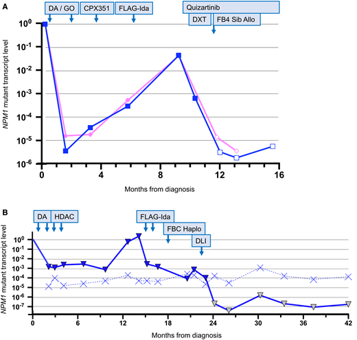 Examples of molecular MRD monitoring of NPM1 mutations before and after therapy. (A) Example of MRD-guided pretransplant management. See text for full case history. The pink line is peripheral blood and the blue line is bone marrow. The filled symbols indicate MRD positive at the level indicated. The empty symbols indicate MRD negative with the level of sensitivity indicated. (B) Example of MRD-guided therapy and peritransplant management. See text for full case history. The solid blue line is the bone marrow and the dotted blue line is the sensitivity. The filled blue symbols indicate MRD positive at the level indicated. The yellow symbols indicate MRD negative with the level of sensitivity indicated. DA, daunorubicin and cytarabine; DLI, donor lymphocyte infusion; DXT, radiotherapy; FBC Haplo, fludarabine and busulfan–conditioned haploidentical allograft and posttransplant cyclophosphamide; FB4 Sib Allo, fludarabine and busulfan–conditioned sibling allograft; FLAG-Ida, fludarabine, cytarabine, granulocyte colony-stimulating factor, and idarubicin; GO, gemtuzumab ozogamicin; HDAC, high-dose cytarabine.