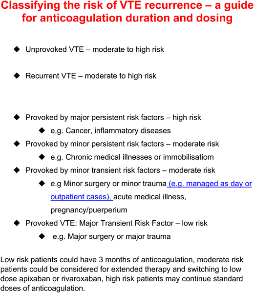 Classifying the risk of VTE recurrence—a guide for anticoagulation duration and dosing.