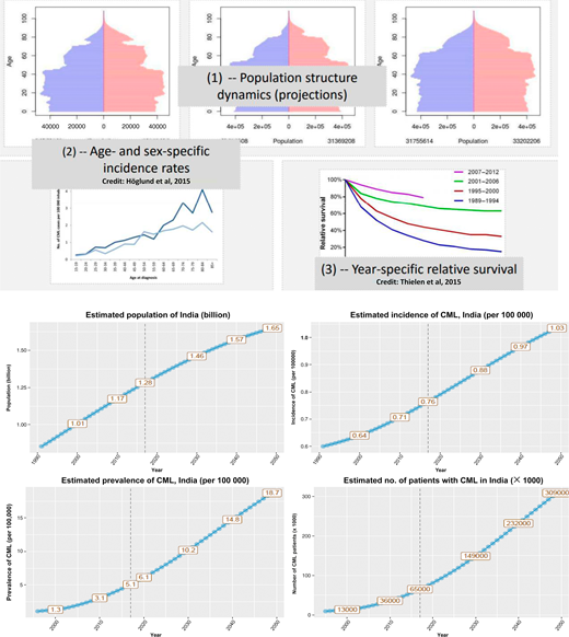 To estimate the prevalence of any disease, 3 parameters are needed: (1) population structure dynamics, (2) age- and sex-specific incidence rates, and (3) year-specific relative survival (depicted in the top 2 rows). The bottom 2 rows show the population, incidence, and prevalence of CML and the expected number of cases. It is estimated that, by the year 2030, there will be >150 000 patients with CML in India. (Estimates are provided by Marc Delord, Université Paris 7, Institut Universitaire d'Hématologie, Hôpital Saint-Louis, Paris, France.)