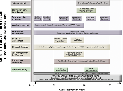 Map of the St. Jude Transition to Adult Care Program for SCD. Interventions within the program follow the Six Core Elements of Health Care Transition and occur according to age. Numbers next to the interventions correspond to one of the Six Core Elements of transition as follows: (1) transition policy, (2) tracking and monitoring progress, (3) assessing transition readiness, (4) planning for adult care, (5) adult care transfer, and (6) integration into adult care.