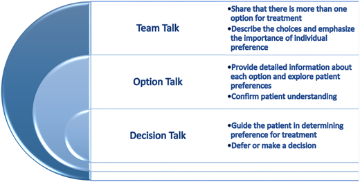 Three-talk model for shared decision making.4,7 Illustration by Adrien Reidy, DPT.